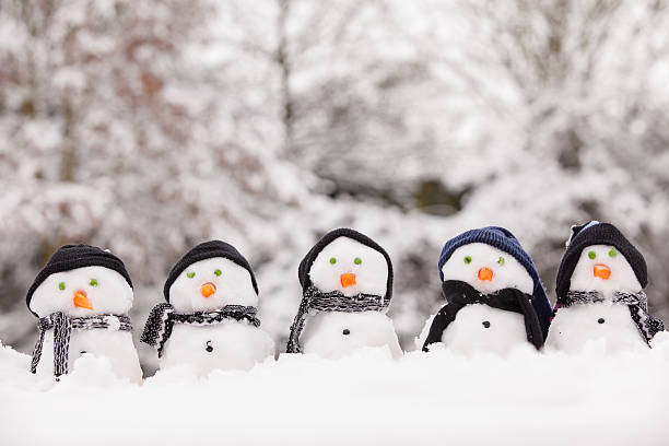 Five cute snowmen facing forward stock photo