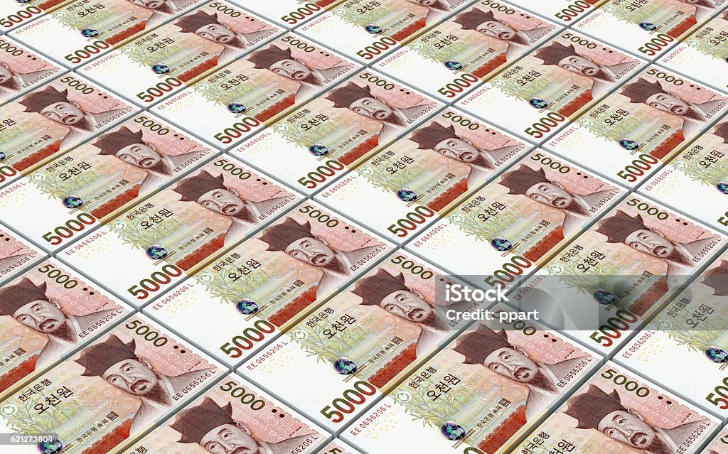 Korean won bills stacks background. Computer generated 3D photo rendering. Korean Currency Stock Photo