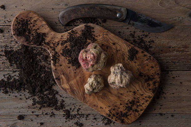 Alba white truffle Top view alba white truffle on wood board and truffle'sknife tartuffo stock pictures, royalty-free photos & images