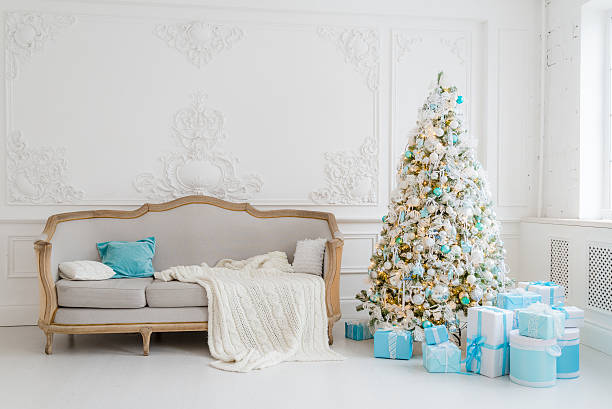 istock Stylish Christmas interior with an elegant sofa. Comfort home. Presents 621274554