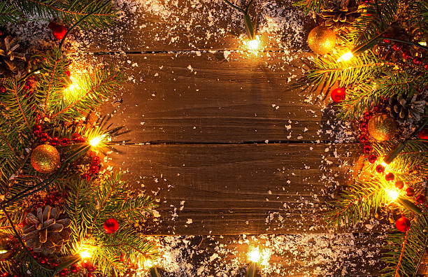 istock christmas background with fir tree, decorations and lights 621348766