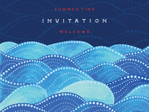 Invitation and welcome card on navy blue background with watercolor waves ornament - vector illustration