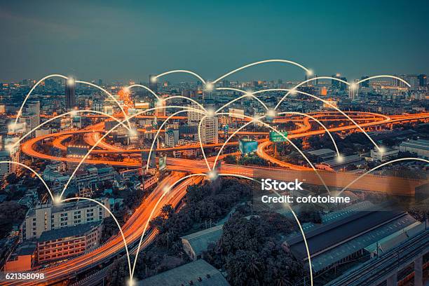 Cityscape And Technology And Network Connection Concept Stock Photo - Download Image Now