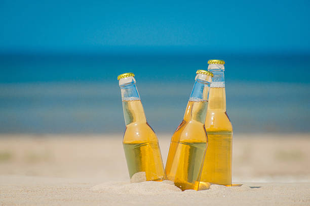 istock Ice cold beer bottles in the sand under the sun 621360382
