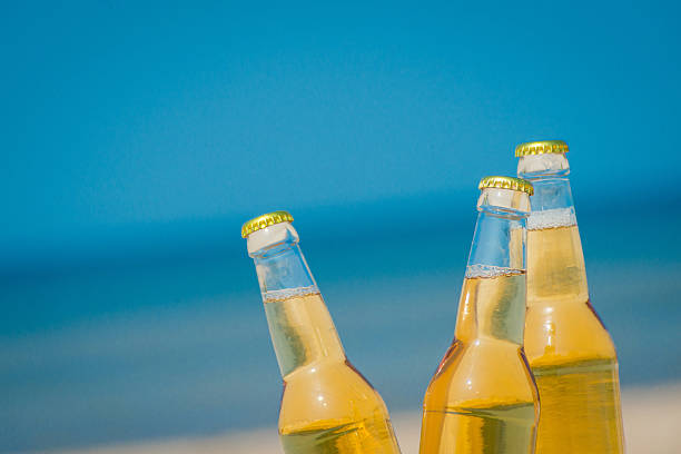 istock Ice cold beer bottles in the sand under the sun 621360950