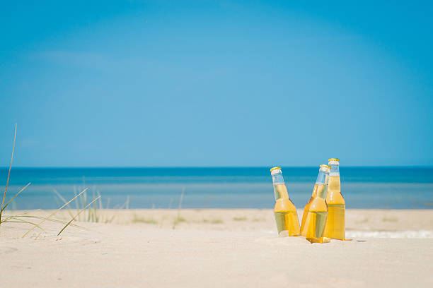 istock Ice cold beer bottles in the sand under the sun 621361036