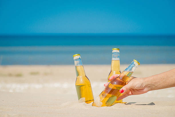 istock Ice cold beer bottles in the sand under the sun 621362388