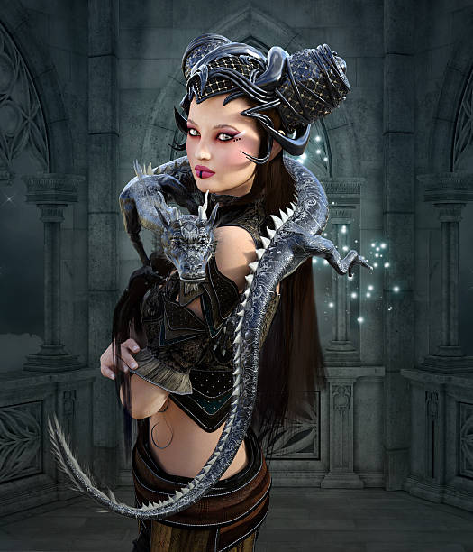 istock Beautiful fantasy warrior with dragon 621363734