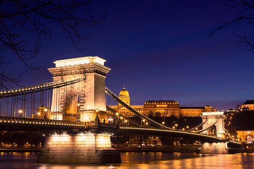 View of Chain Bridge and the Riverbank in Budapest at night