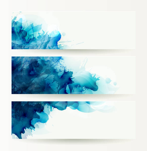 illustrations, cliparts, dessins animés et icônes de ensemble de trois bannières, headers abstraits avec blots bleu - blob backgrounds abstract watercolor painting