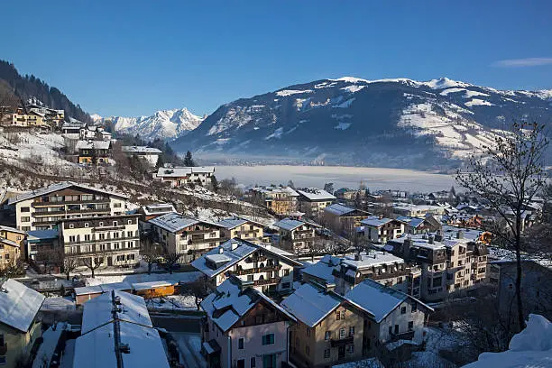 Zell am See town over the Zell lake and Alps, Austria