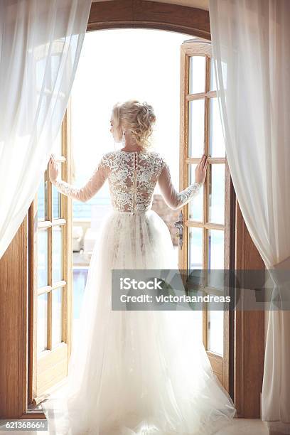 Young Bride In Gorgeous Wedding Dress With Voluminous Skirt Stock Photo - Download Image Now