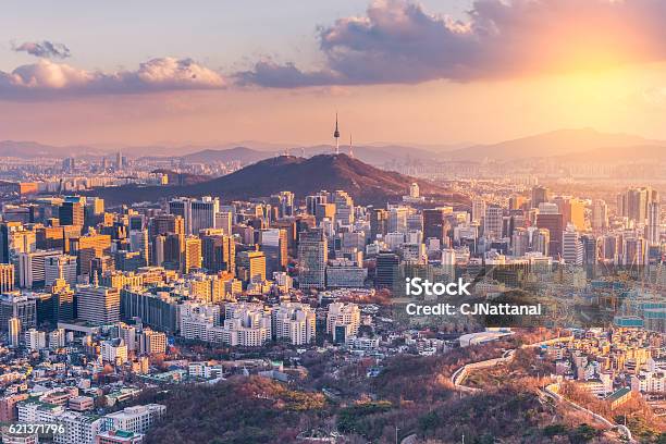 Sunset At Seoul City Skylinesouth Korea Stock Photo - Download Image Now - Seoul, Korea, Urban Skyline
