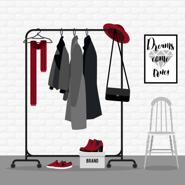 Vector illustration with coat rack. Vector illustration with coat rack. Closet with clothes, bags, boxes and shoes in flat style coat garment stock illustrations