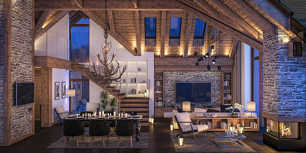 3D rendering of evening living room of chalet 3D rendering of cozy living room on cold winter night in the mountains, evening interior of chalet decorated with candles, fireplace fills the room with warmth. chalet stock pictures, royalty-free photos & images