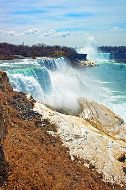 Niagara Falls from the American side. A view from Niagara State Park on American Falls, Bridal Veil Falls, Goat Island and Horseshoe falls on the background.