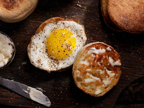 Toasted English Muffin With a Sunny side up Egg Toasted English Muffin With a Sunny side up Egg - Photographed on a Hasselblad H3D11-39 megapixel Camera System english muffin stock pictures, royalty-free photos & images