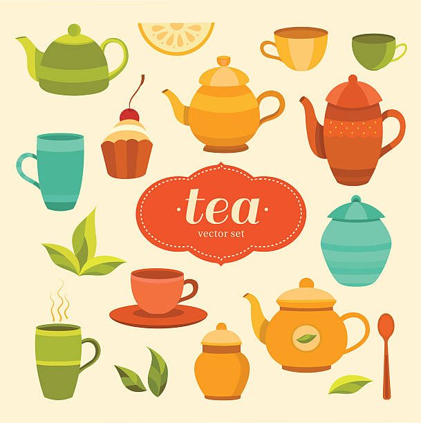 Tea collection of vector elements Tea collection of vector elements: cup, teapot, sugar bowl, cake, lemon, tea leaf, spoon. Set of objects for design. Template for background, packaging, print, banner, label, tag, card, flyer. sugar bowl crockery stock illustrations