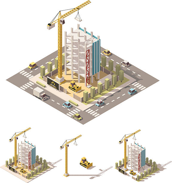 vektorisometrische low-poly-baustelle - construction built structure building exterior construction site stock-grafiken, -clipart, -cartoons und -symbole