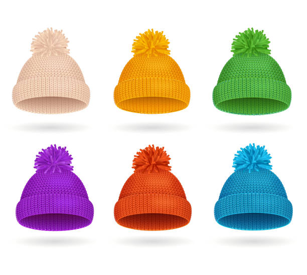 ilustraciones, imágenes clip art, dibujos animados e iconos de stock de juego de invierno de sombrero de color de punto. vector - knit hat