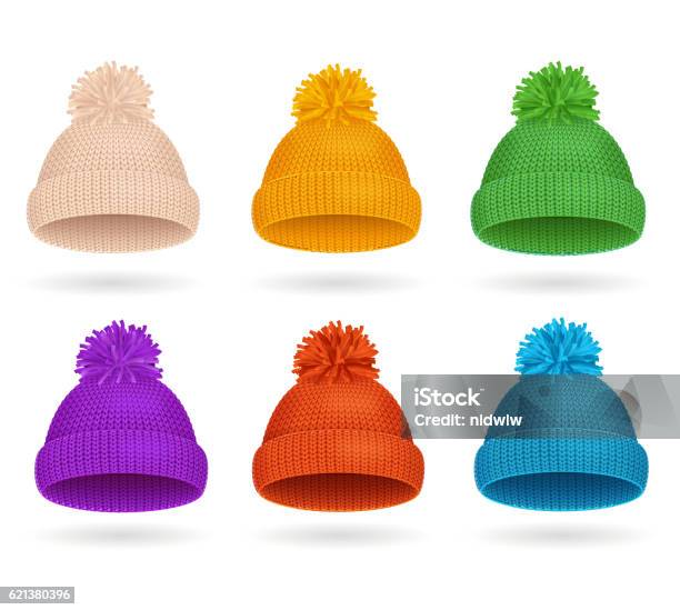 Knitted Color Hat Winter Set Vector Stock Illustration - Download Image Now - Knit Hat, Winter, Vector