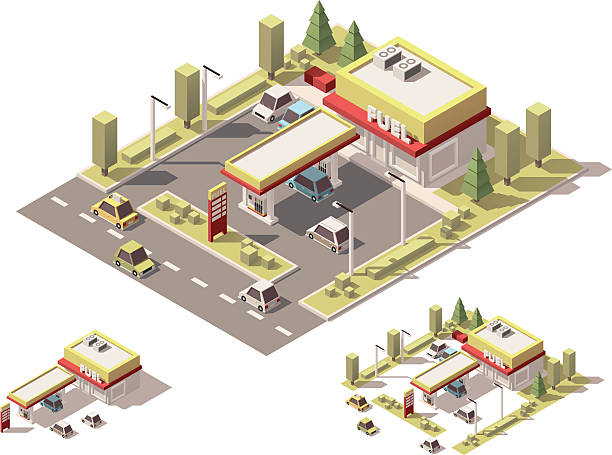 векторная изометрическая низкая поли азс - isometric gas station transportation car stock illustrations