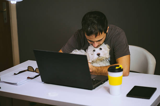 istock Young Man Cuddling Dog and Working On Laptop 621380810