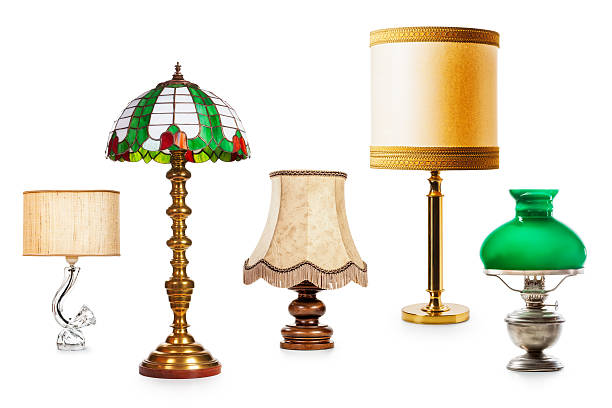 Vintage lamps Old table and floor lamps. Interior objects collection isolated on white background. Design elements. Retro style electric lamp stock pictures, royalty-free photos & images