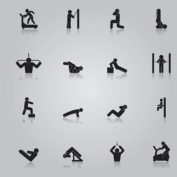 ilustraciones, imágenes clip art, dibujos animados e iconos de stock de conjunto de iconos de entrenamiento de fitness - stretching exercising gym silhouette