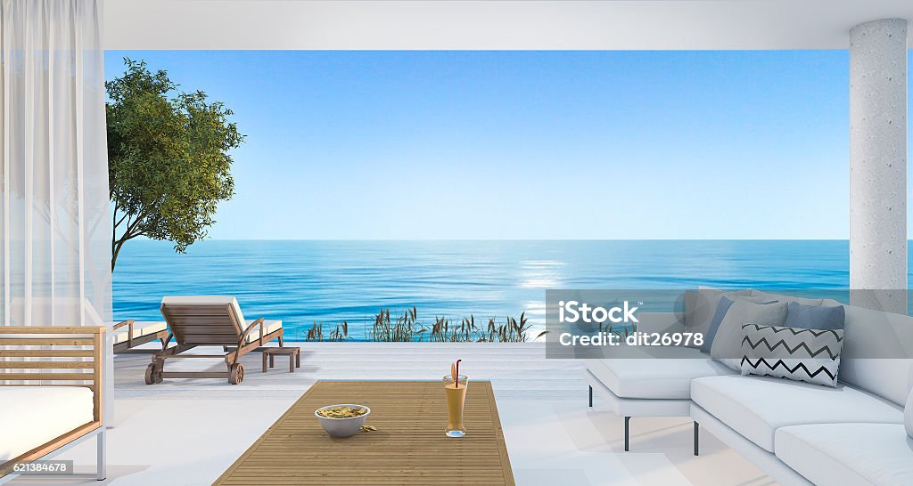 3d rendering contemporary nice living room near beach 3D Rendering By 3Ds max 2016 Sea Stock Photo