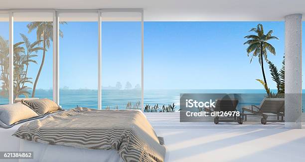 3d Rendering Luxury Villa Bedroom Near Beach With Morning Scene Stock Photo - Download Image Now