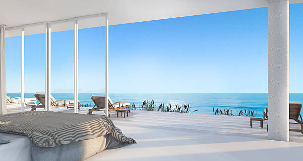3d rendering luxus-villa schlafzimmer in der nähe von strand - hotel room contemporary summer sea stock-fotos und bilder