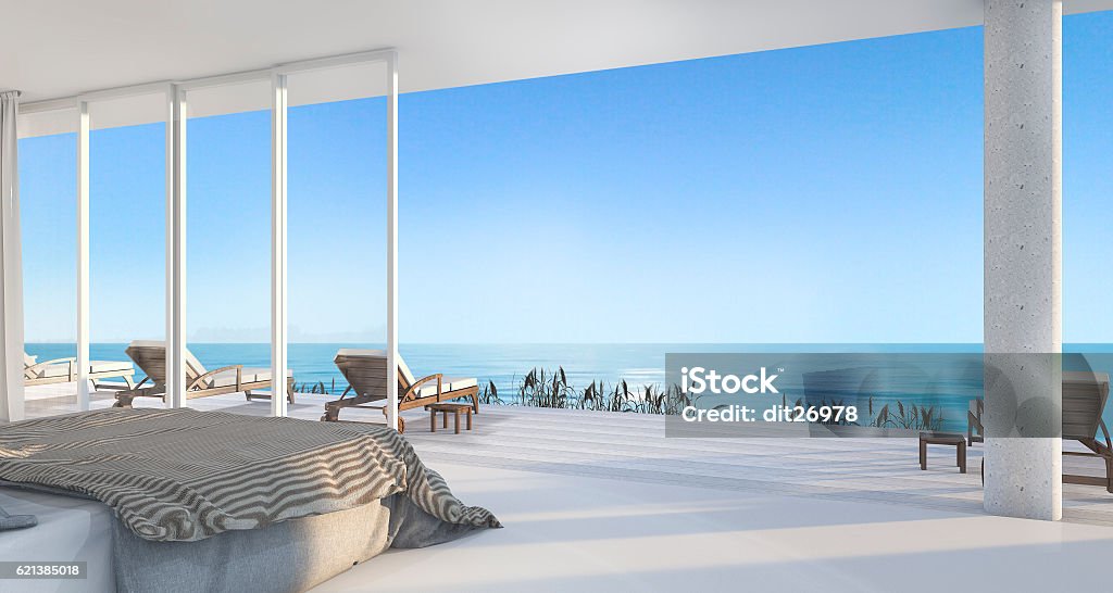 3d rendering luxury villa bedroom near beach 3D Rendering By 3Ds max 2016 Looking Through Window Stock Photo