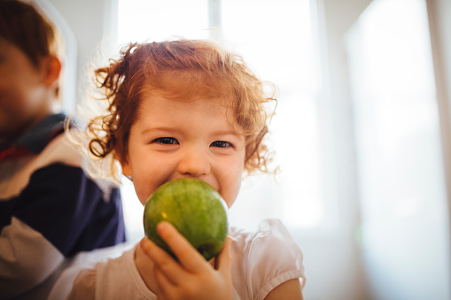 Little redheaded girl holds a green apple up in front of her face as she goes to take a bite. Happy eyes as she looks at the camera.