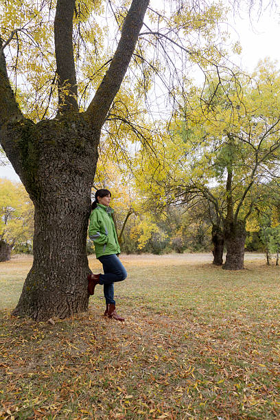 istock Woman sitting on a park bench with yellow leaves falling 621386704