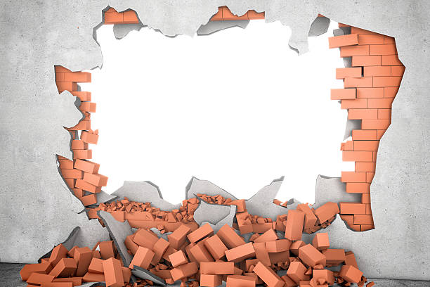 istock Rendering broken wall with white hole and pile of rusty 621396114