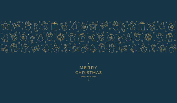christmas element icons gold blue banner background - santa hat stock illustrations