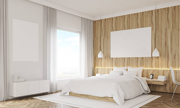 istock Corner view of bedroom with shelves 621464480