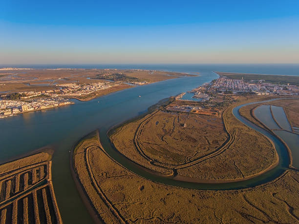 Aerial view of the mouth the Guadiana river stock photo