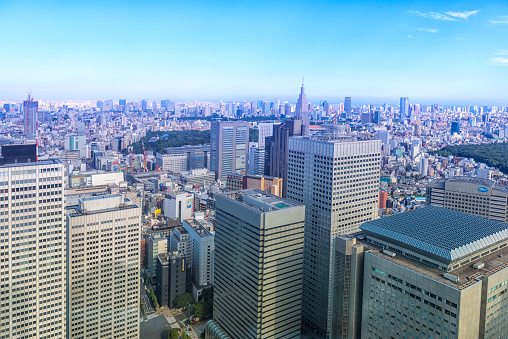 Aerial view West Shinjuku, skyline of Tokyo city. In fornt high buildings, smaller buildings in background against clear blue sky.  Japan 