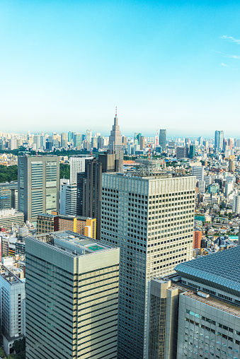 Aerial view West Shinjuku, skyline of Tokyo city. In fornt high buildings, smaller buildings in background against clear blue sky.  Japan 