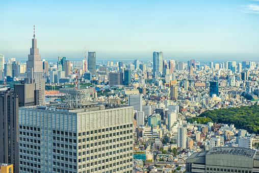 Aerial view West Shinjuku, skyline of Tokyo city. In fornt high buildings, smaller buildings in background against clear blue sky.  Japan 