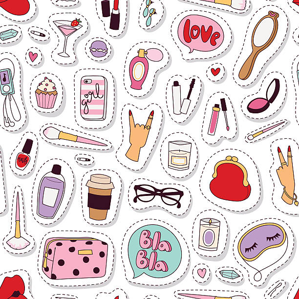 Cosmetic pattern vector. Fashion objects seamless pattern vector. Hand drawn cosmetic pattern party decorations earings lipstick clutch kisses and hearts. Glamour style beautiful cosmetic pattern girls patches symbols. beauty product illustrations stock illustrations
