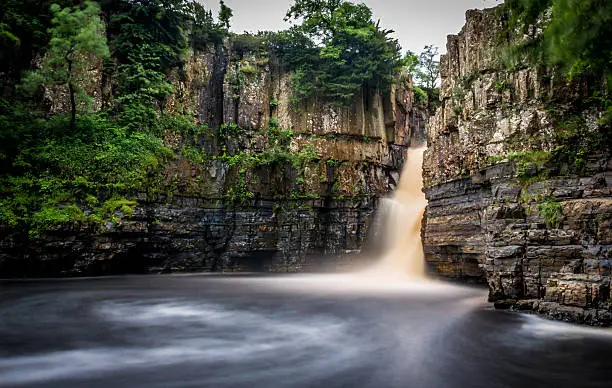 The High Force Waterfall on the River Tees, near Middleton-in-Teesdale, County Durham in England.