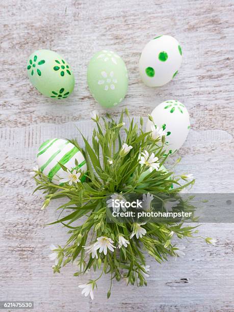 Easter Eggs And White Wild Flowers Composition Stock Photo - Download Image Now - Affectionate, Beauty, Celebration