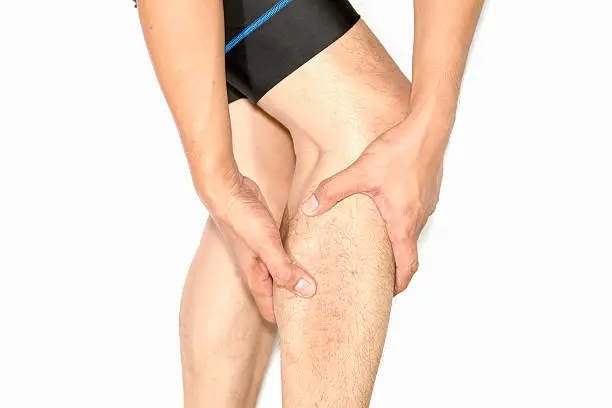 Leg calf sport muscle injury. Runner with muscle pain in leg.