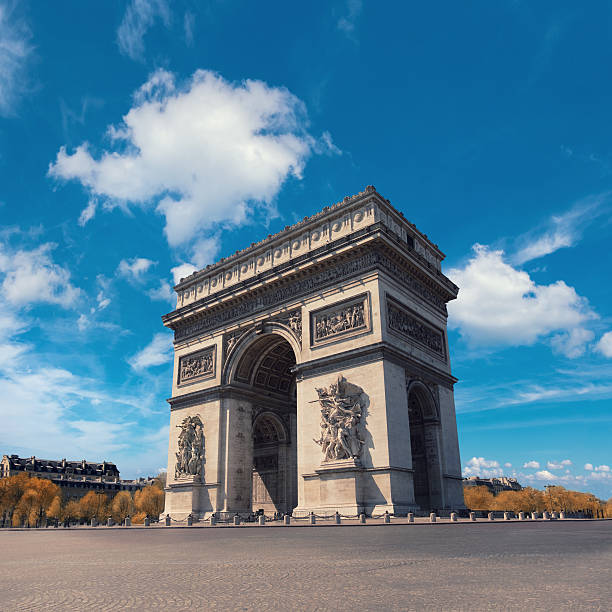 Arc de Triumph in Paris on a bright day Arc de Triumph in Paris, France on a bright day under spectacular clouds. Vertical panorama image, all cars removed from the roundabout. arc de triomphe paris stock pictures, royalty-free photos & images