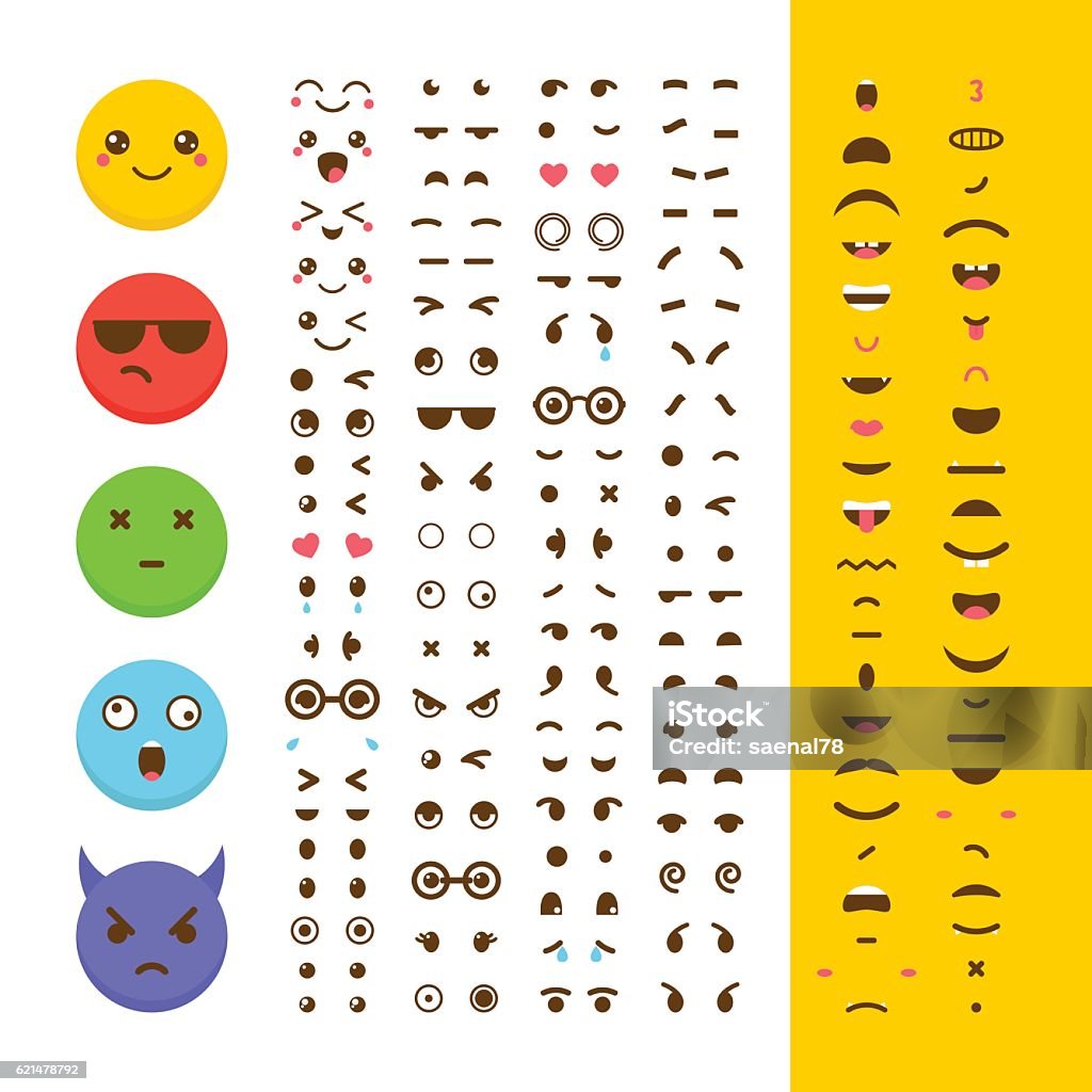 Create your own emoticon. Kawaii faces. Emoji. Avatar. Character Create your own emoticon. Kawaii faces. Emoji. Avatar. Character creation set. Cartoon flat style. Vector illustration Human Face stock vector