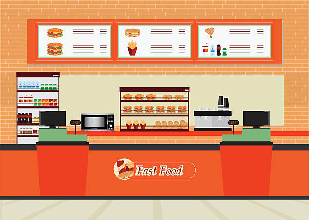 Fast food restaurant interior with hamburger and beverage. Fast food restaurant interior with hamburger and beverage, food and drink flat design vector illustration. quick service restaurant cashier stock illustrations