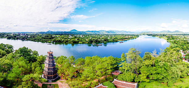 Thien Mu Pagoda, Hue, Vietnam from sky Thien Mu padoga on day a famous place for Hue tourism ancient temple of buddhism with old architect located on the Huong river Vietnam central vietnam stock pictures, royalty-free photos & images